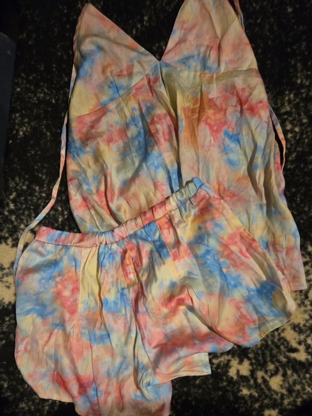 UNIF Pastel Tie-Dye Lounge Set Halter And High Waist Shorts - Pink, Blue, Yellow